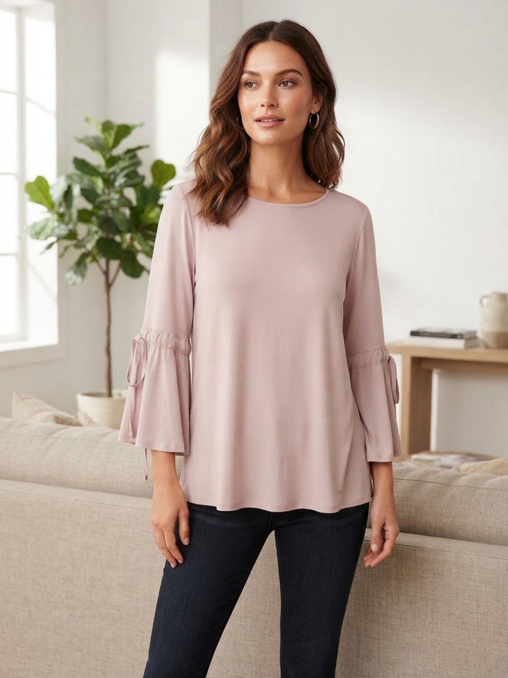 White House Black Market Blush Tie-Sleeve Bell-Sleeve Top